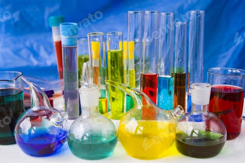 Preview: Instruments, glassware and reagents, colorful liquid chemical elements, research diagnoses