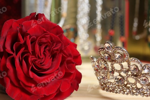 Preview: Rose and Tiara with Perfume and Jewelry in Background