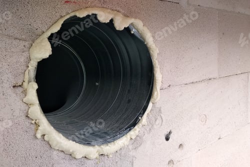 Preview: Metal ventilation pipe integrated in whine block wall under construction