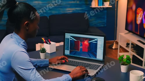 Preview: Young african woman gamer testing online professional game on laptop