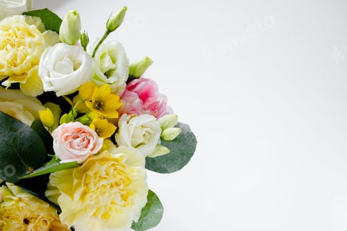 Preview: A bouquet of flowers lying on white abstract background