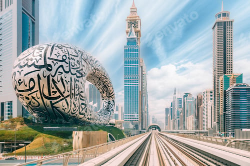 Preview: Metro railway among among glass skyscrapers in Dubai. Traffic on street in Dubai. Museum of the