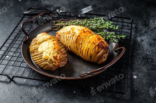 Preview: Baked hasselback potatoes with cheese, garlic, thyme and rosemary. Black background. Top view