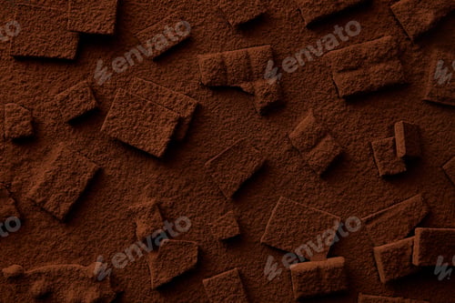 Preview: top view of tasty chocolate pieces and cocoa powder