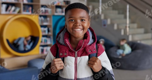 Preview: Student, child and positive in portrait, academy and class for break, lesson or recess at campus or