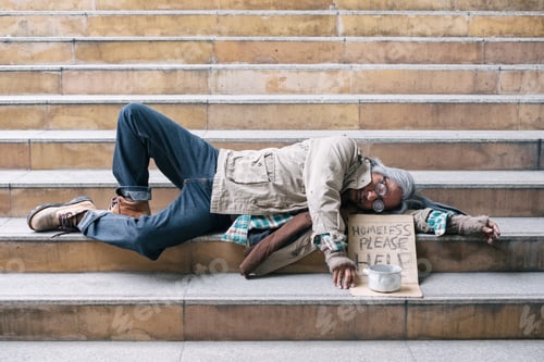 Preview: Old man homeless sleeping on stairs in urban