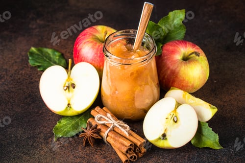 Preview: Apple jam with spices and fresh apples on dark background