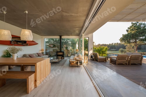 Modern villa with pool and deck with interior