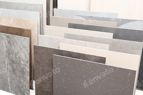 Preview: Many different samples of tiles on display in store