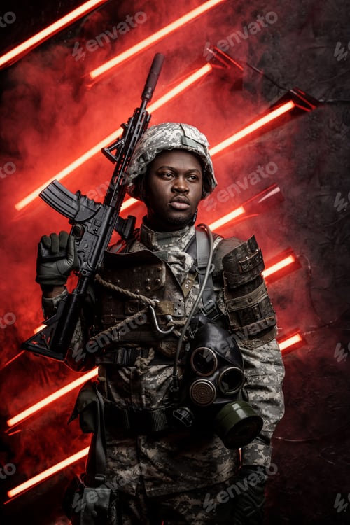 Preview: African military man with rifle against red background