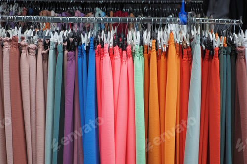 Preview: close up of many women cloths display for sale