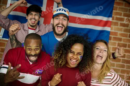 Preview: Friends cheering world cup with painted flag