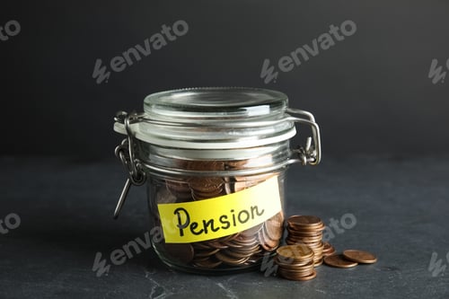 Preview: Glass jar with label PENSION and coins on dark table