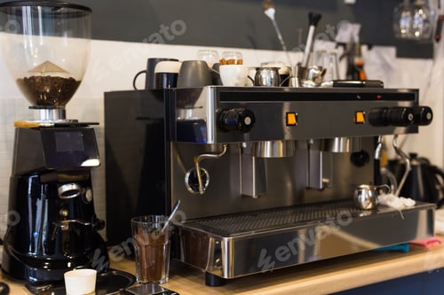 Preview: Coffee machine in coffee shop. Drinks and coffee house concept