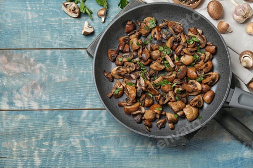 Preview: Frying pan of mushrooms on wooden background, top view with space for text