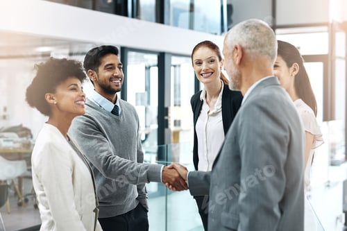 Preview: Meeting his mentor. Shot of two businessmen shaking hands while their colleagues look on.