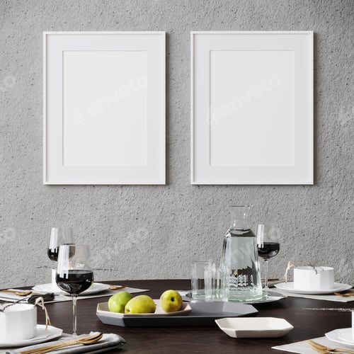 Preview: mock up poster frame in modern interior background, with table, living room