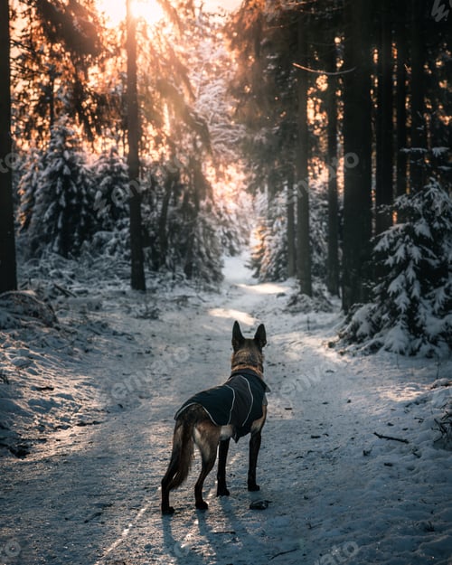Preview: Belgian Malinois in a snowy forest looking into the distance