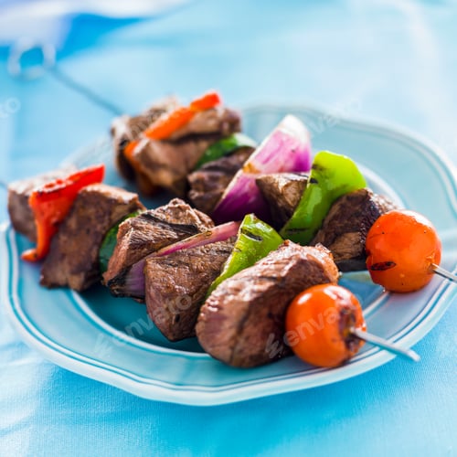 Preview: grilled beef shishkabobs on table