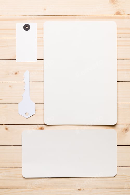 Preview: Blank items on wooden surface for creative projects and organization
