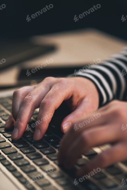 Preview: Female blogger typing blog post on laptop computer