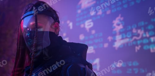 Preview: Futuristic Woman in Tactical Black Suit with Digital Symbols Projection