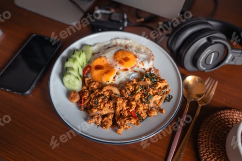 Preview: Fried eggs and stir-fried chicken with basil