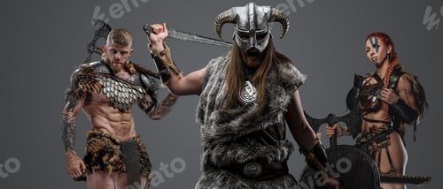 Preview: Furious viking with fur and male and female comrades