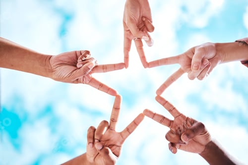 Preview: People, hands and peace sign in collaboration, trust or unity in partnership or community star form