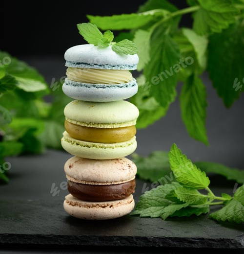 Preview: Stack of multi-colored macarons on a black background, behind green sprigs of mint,