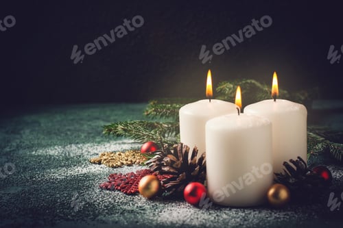 Preview: Three Christmas burning candles and decorations on dark background