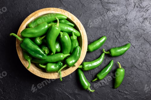 Preview: Green jalapeno hot pepper in wooden plate
