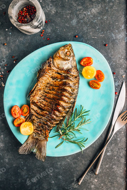 Preview: Fried Carp on Blue Plate