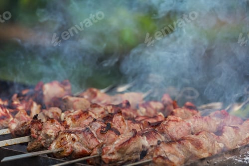 Appetizing Meat Skewers Cooking Over Grill Outdoors