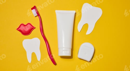 Preview: Red toothbrush, white tube of toothpaste, red decorative lips, dental floss in a case
