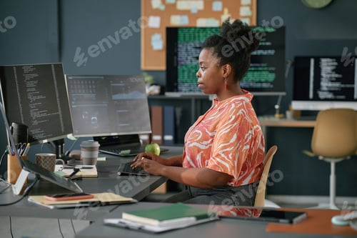Preview: Young Adult Black Woman Developing Software Application at Office Workstation