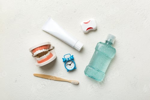Preview: Mouthwash and other oral hygiene products on colored table top view
