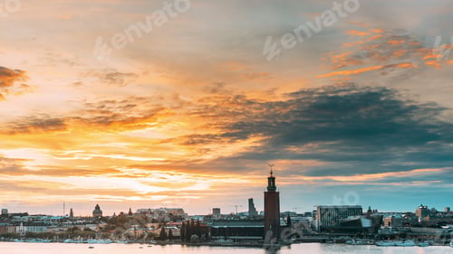Preview: Stockholm, Sweden. Skyline Cityscape Famous View Of Old Town Gamla Stan In Summer Evening. Famous