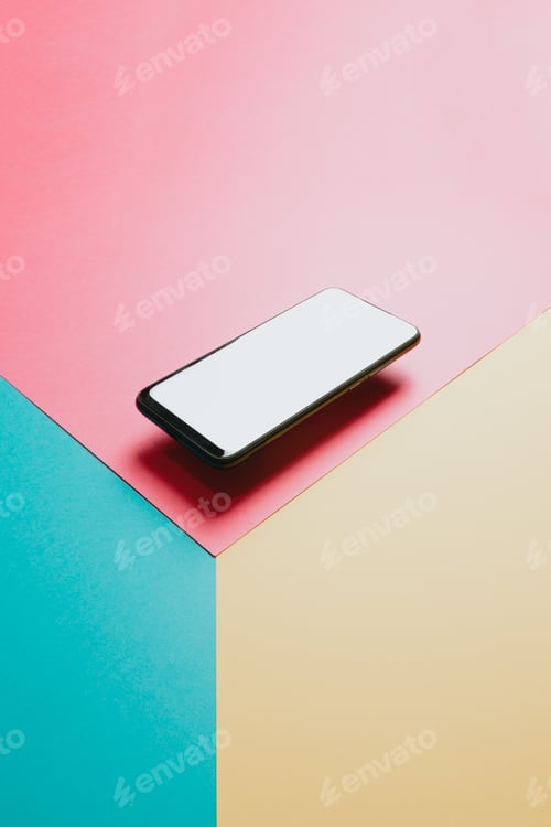 Preview: Minimalistic mobile phone blank screen with copy space, floating phone, colorful