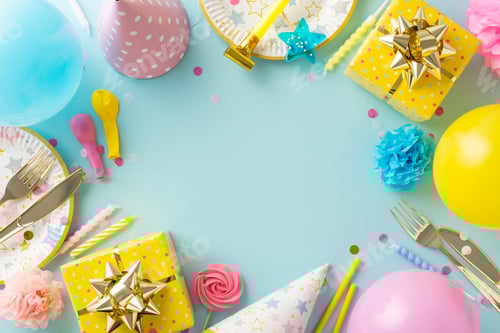 Preview: Happy birthday setup concept. Top view composition featuring table with vibrant disposable tableware