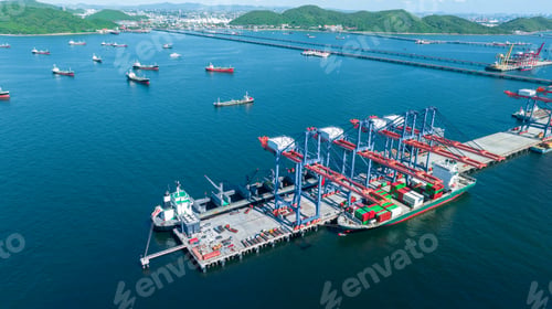 Preview: Cargo container Ship running on Bridge Cargo Shipyard. Container ship under the crane Sea Port