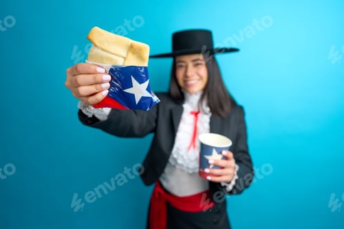 Preview: Chilean woman showing empanada and drink celebrating national holidays