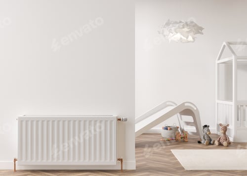 Preview: White heating radiator on white wall in modern room. Home interior. Central heating system