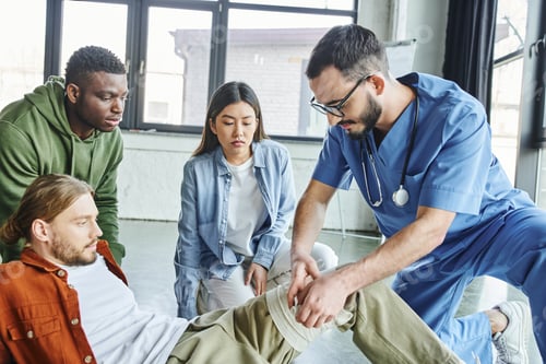 Preview: professional healthcare worker applying compression bandage on leg of man near multiethnic students
