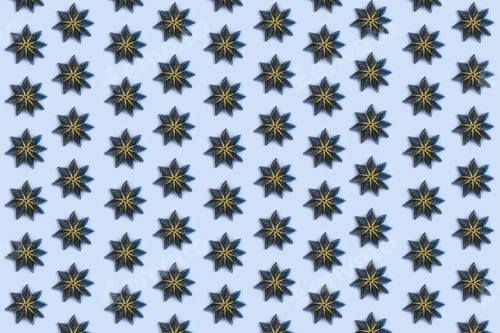 Preview: Christmas bauble abstract pattern on blue background. Black paper snowflake shape toy