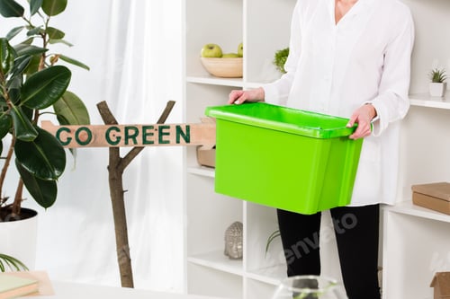 Preview: cropped view of woman holding green recycling box near go green sign, environmental saving concept