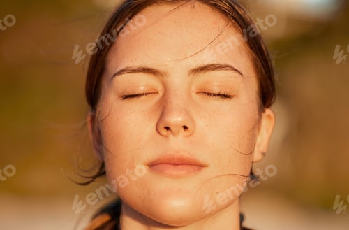 Preview: Face, relax and peace with a woman outdoor in nature, standing alone for zen, calm or serenity. Min