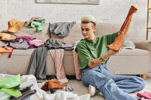 Preview: young woman sitting on floor with suede boot near clothes and couch at home, sorting and reducing