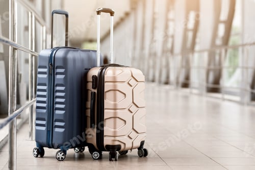 Preview: Travel Fashion. Closeup Of Two Plastic Suitcases Standing At Empty Airport Corridor
