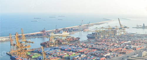 Preview: Panoramic shot of the port in Barcelona, Spain on a foggy day